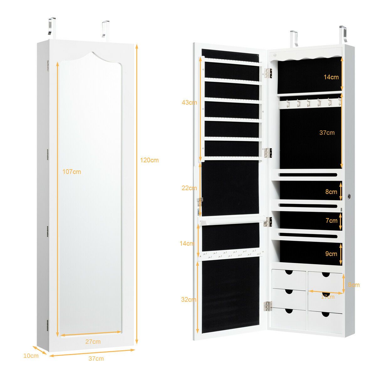 Wall Mounted Jewellery Armoire with Mirror and LED Light